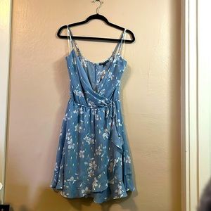 NWT Three Pink Hearts Blue White Gold Floral Faux Wrap Mini Dress S